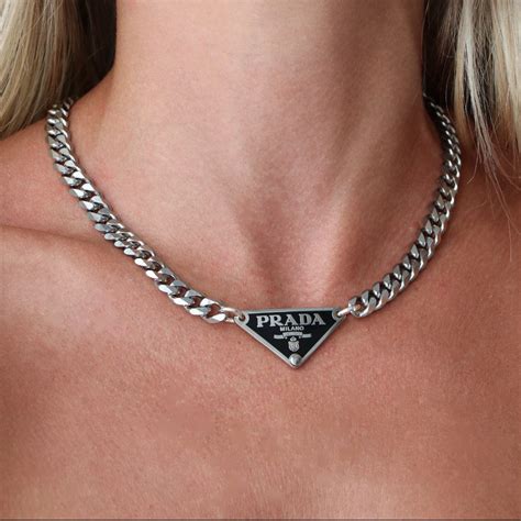 black prada triangle necklace|prada silver tag necklace.